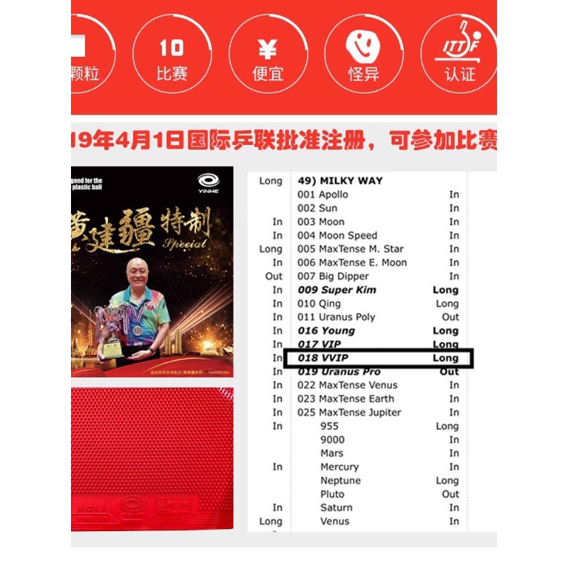 YINHE VVIP Table Tennis Rubber - Table Tennis Xiom Rubber 评论和价格
